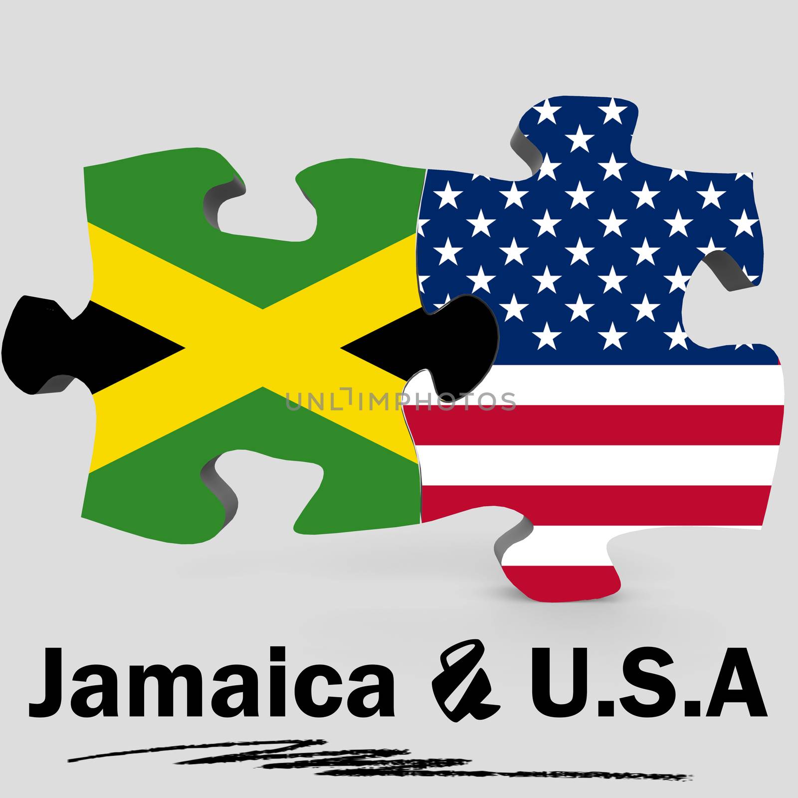 USA and Jamaica Flags in puzzle isolated on white background, 3D rendering