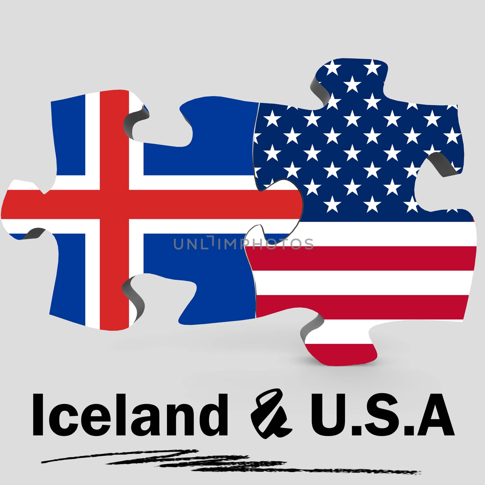 USA and Iceland Flags in puzzle isolated on white background, 3D rendering