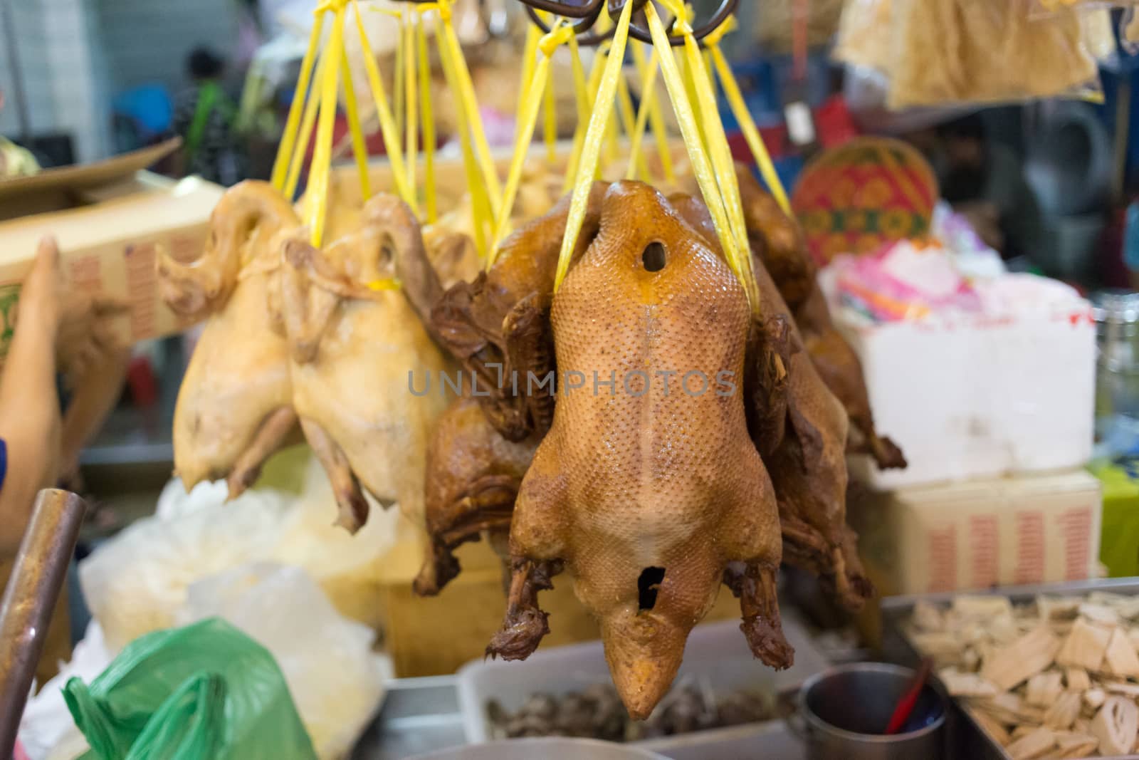 Ducks and Chicken meat for sale at Market in Yaowarat China Town Bangkok, Thailand.