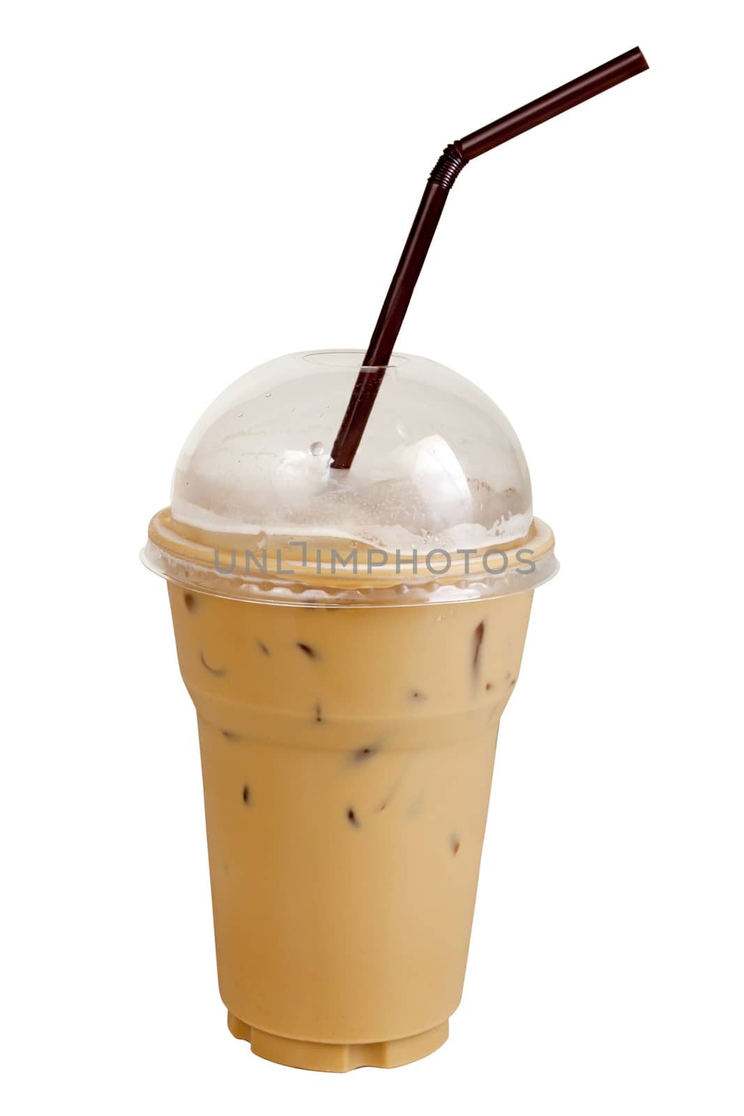 espresso Iced coffee with straws in plastic clear cup. Isolated on white with work paths