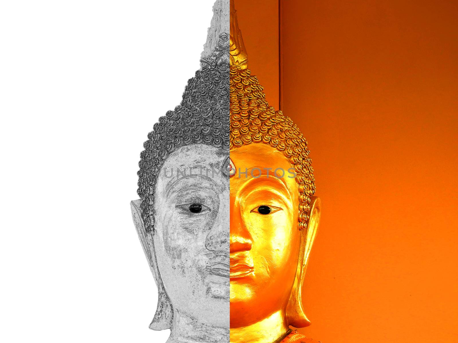 Buddha statue drawing half face closeup on white background.