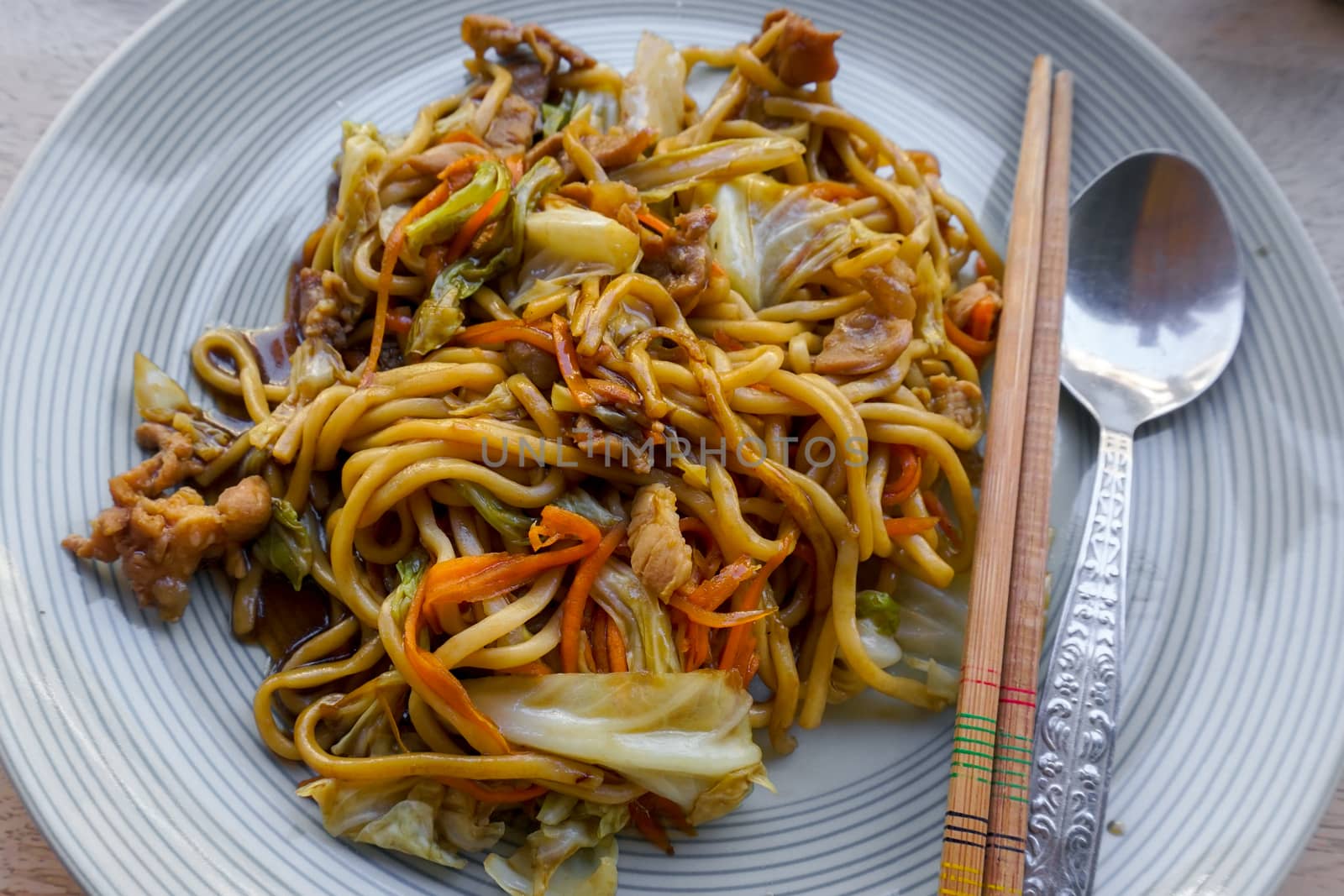 Delicious Japanese cuisine Yakisoba or hot dry noodles Japanese style.