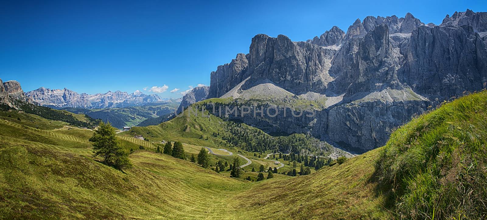 Panoramic view from Dantercepies on the Sella Group and Mountains of Alta Badia, Dolomites - Trentino-Alto Adige, Italy