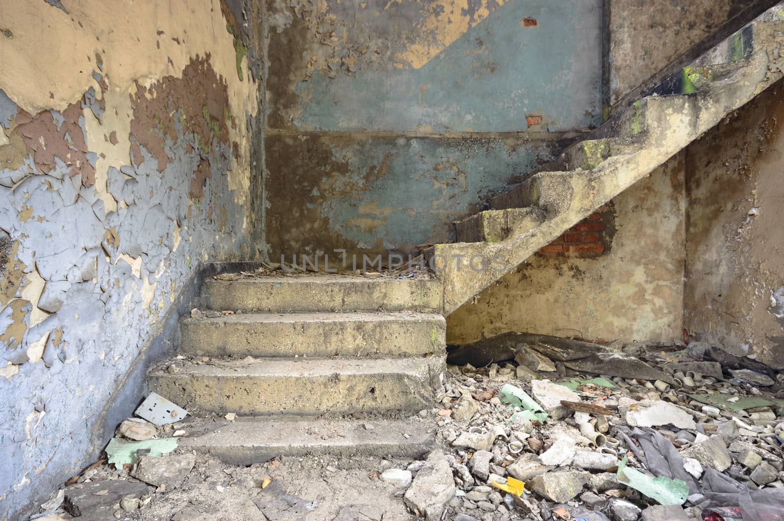 wide angle view of an old wall abandoned factory building