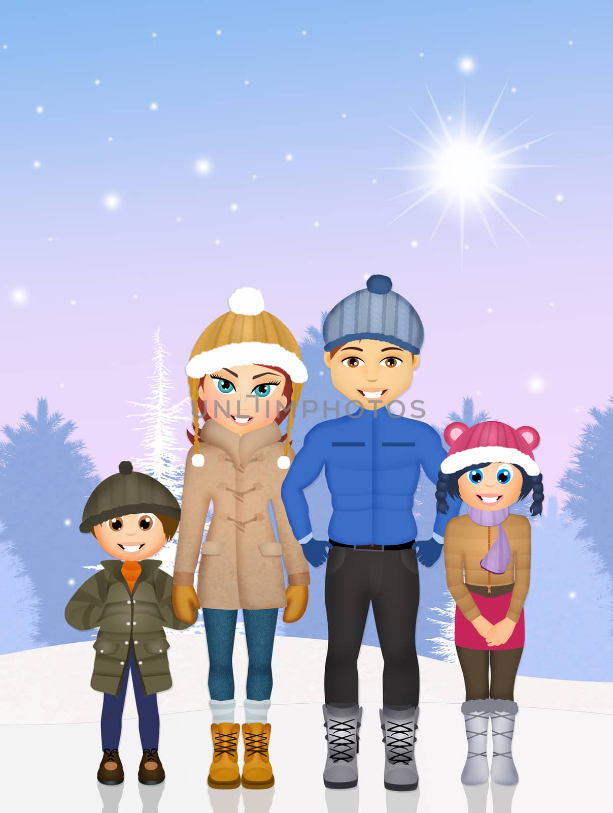 illustration of joyful family in the snow