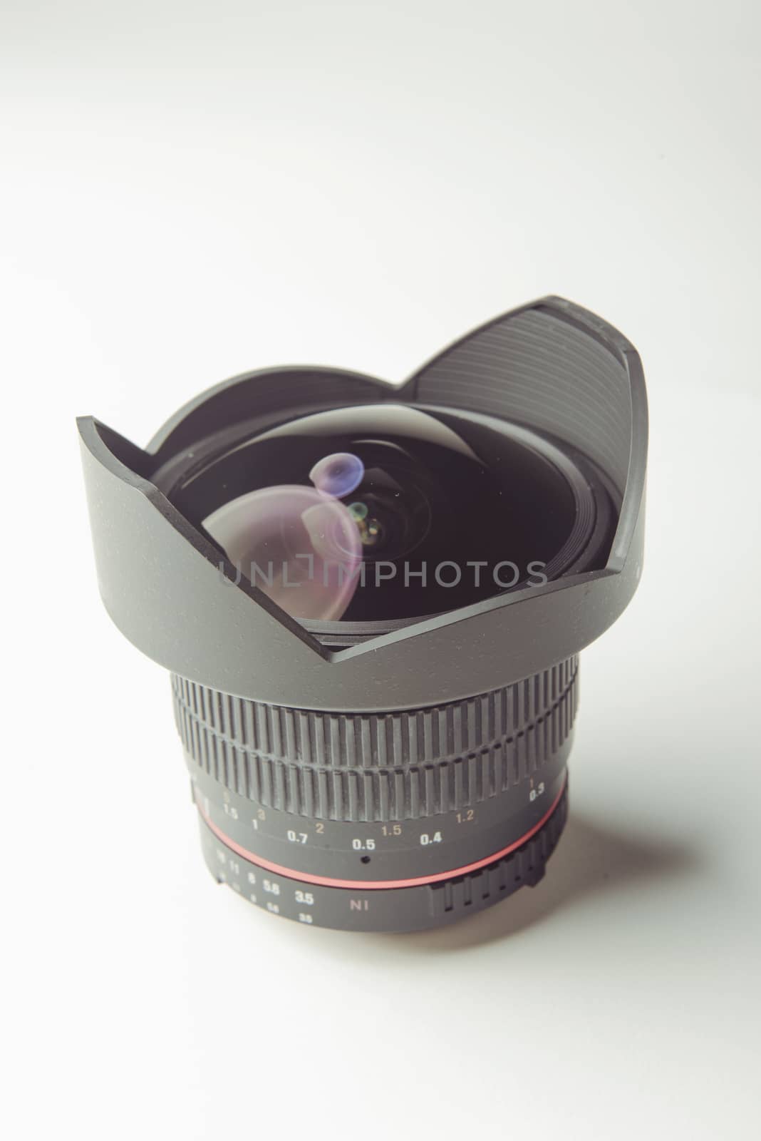 close up of a camera photo lens on white