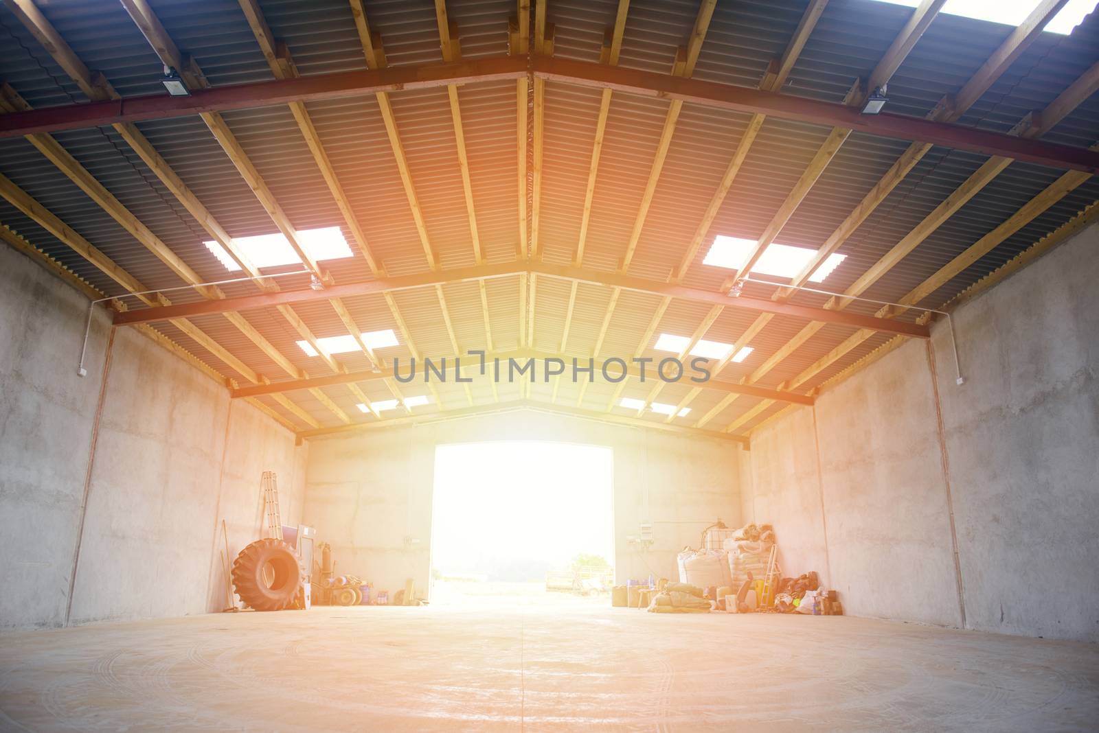 Agriculture farm strorage warehouse interior at day light