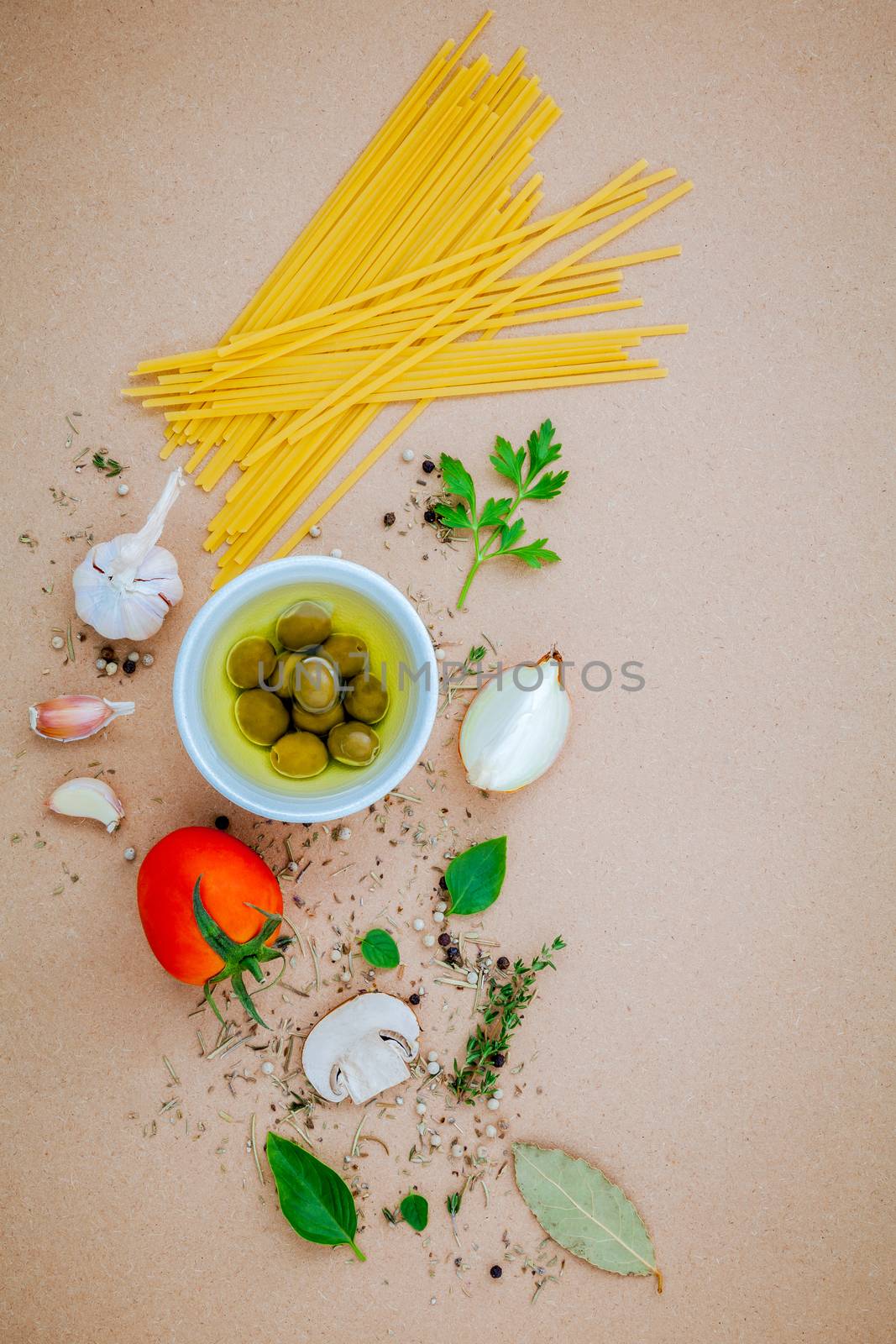 Italian food concept pasta with vegetables olive oil flavored wi by kerdkanno