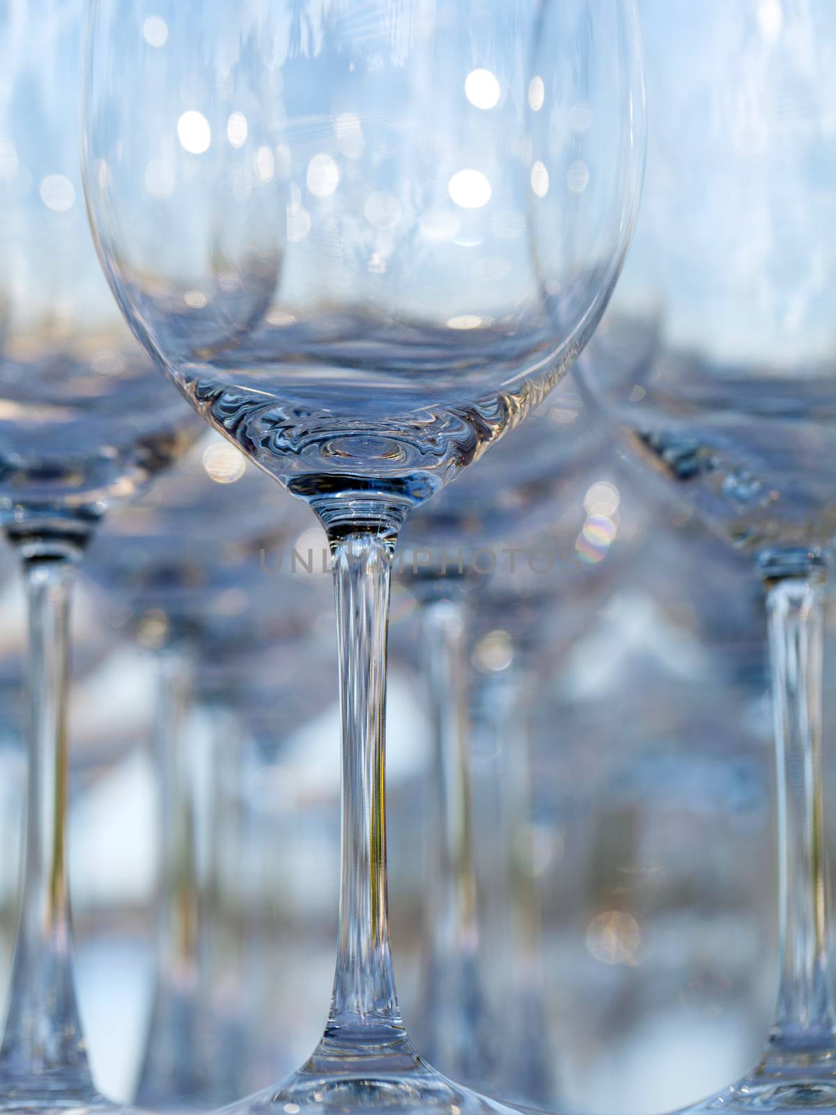 Blurred and bokeh of wine and champagne glass setting for wedding ceremony. 
