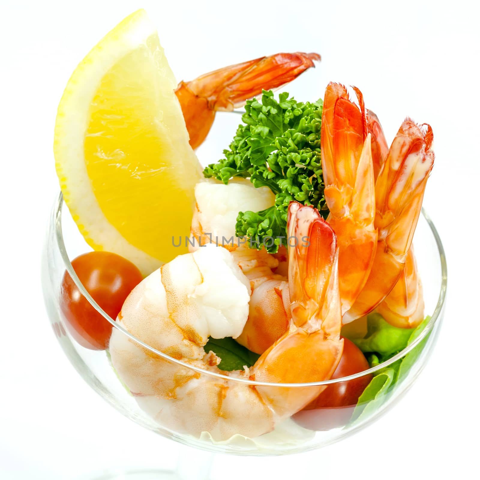 Fresh steamed shrimp in the glass isolate on white background. B by kerdkanno