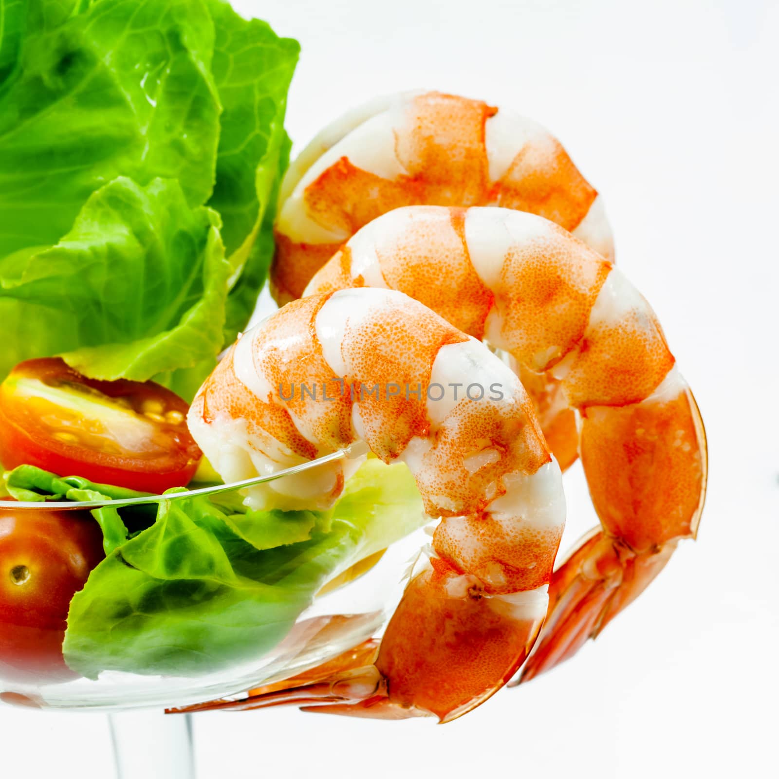 Fresh steamed  prawns with vegetable salad isolate on white back by kerdkanno
