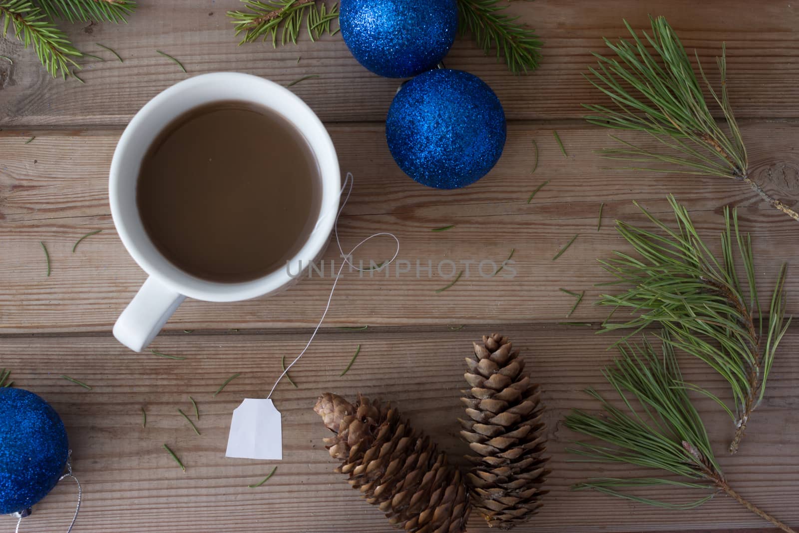 decorations, Christmas tree branches and cup of coffee