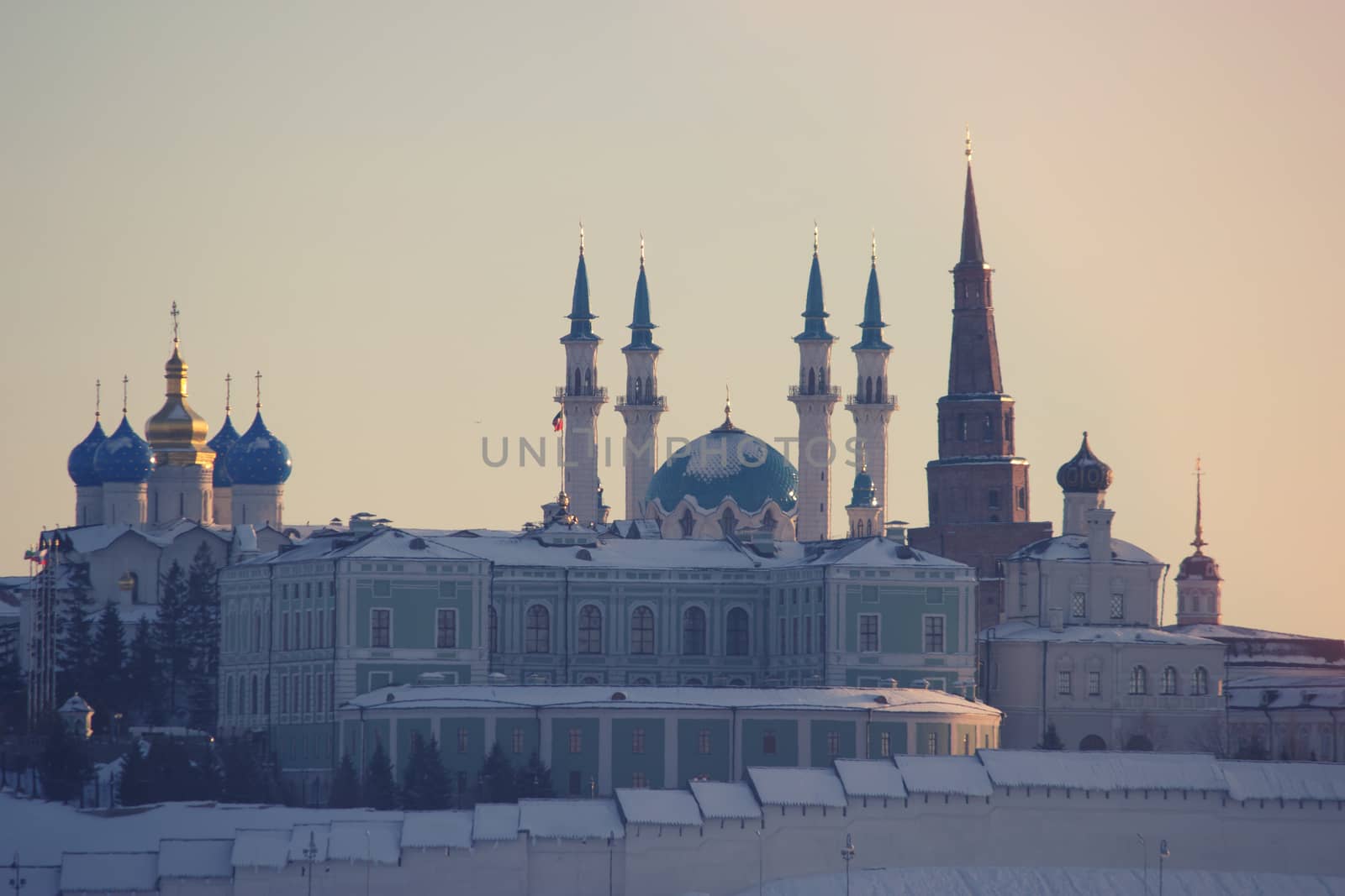 View on ancient city, kazan kremlin winter