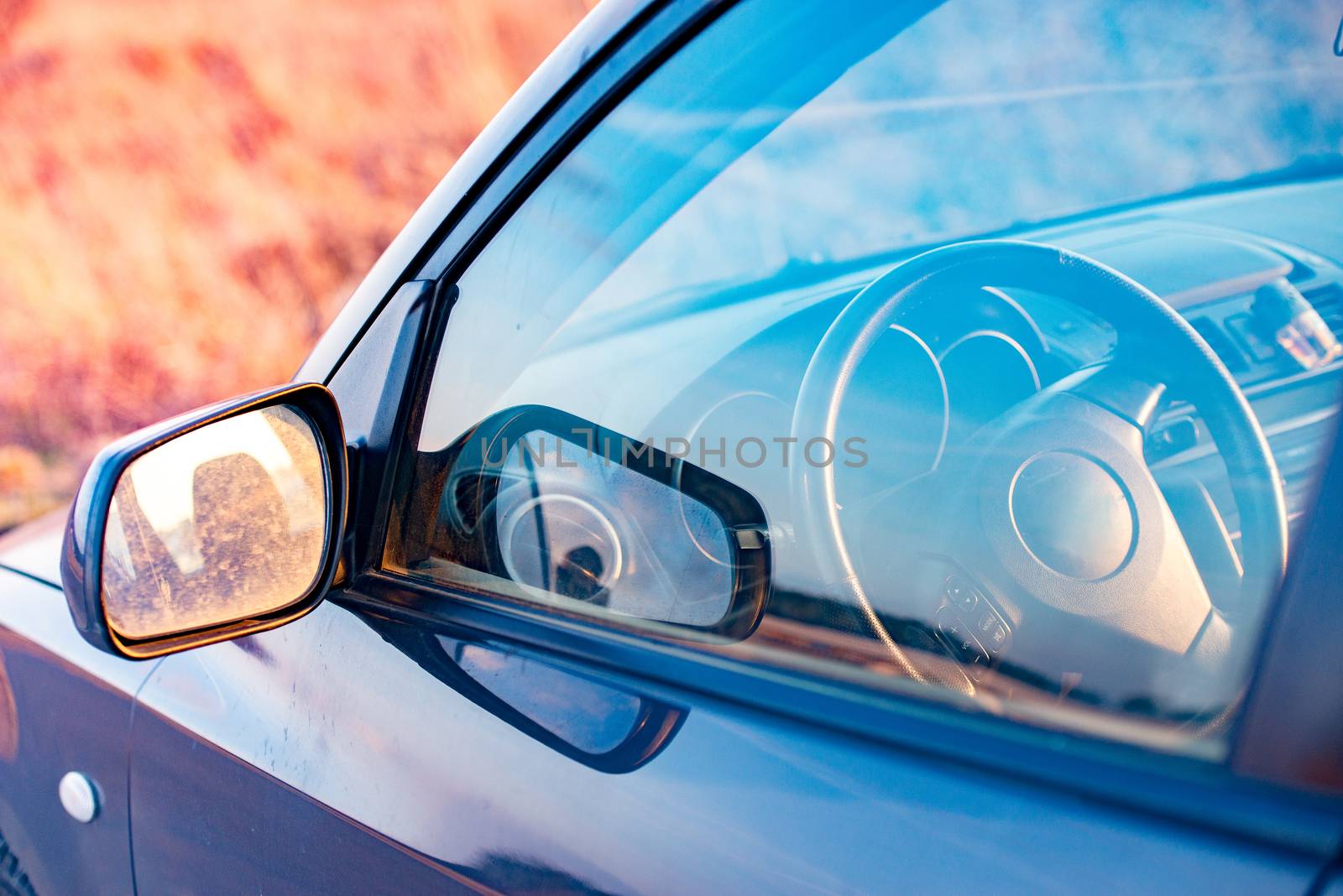 Interior view of car focus on the steering wheel