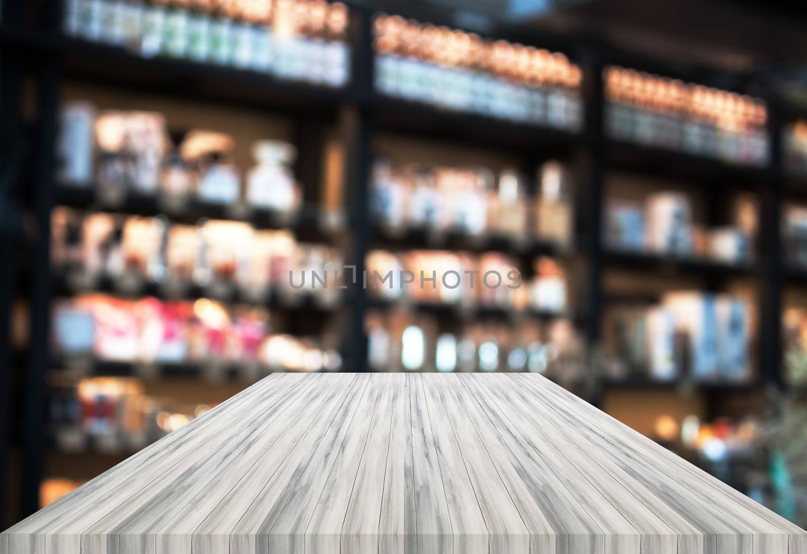 Luxury white table top with blurred coffee shop background. product display template