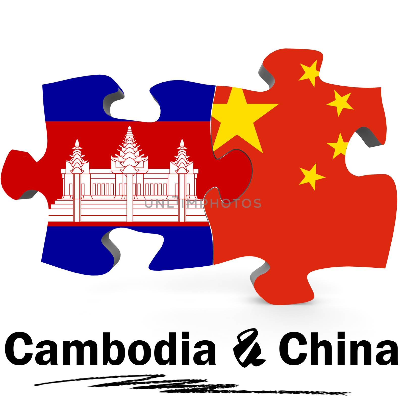 China and Cambodia Flags in puzzle isolated on white background, 3D rendering