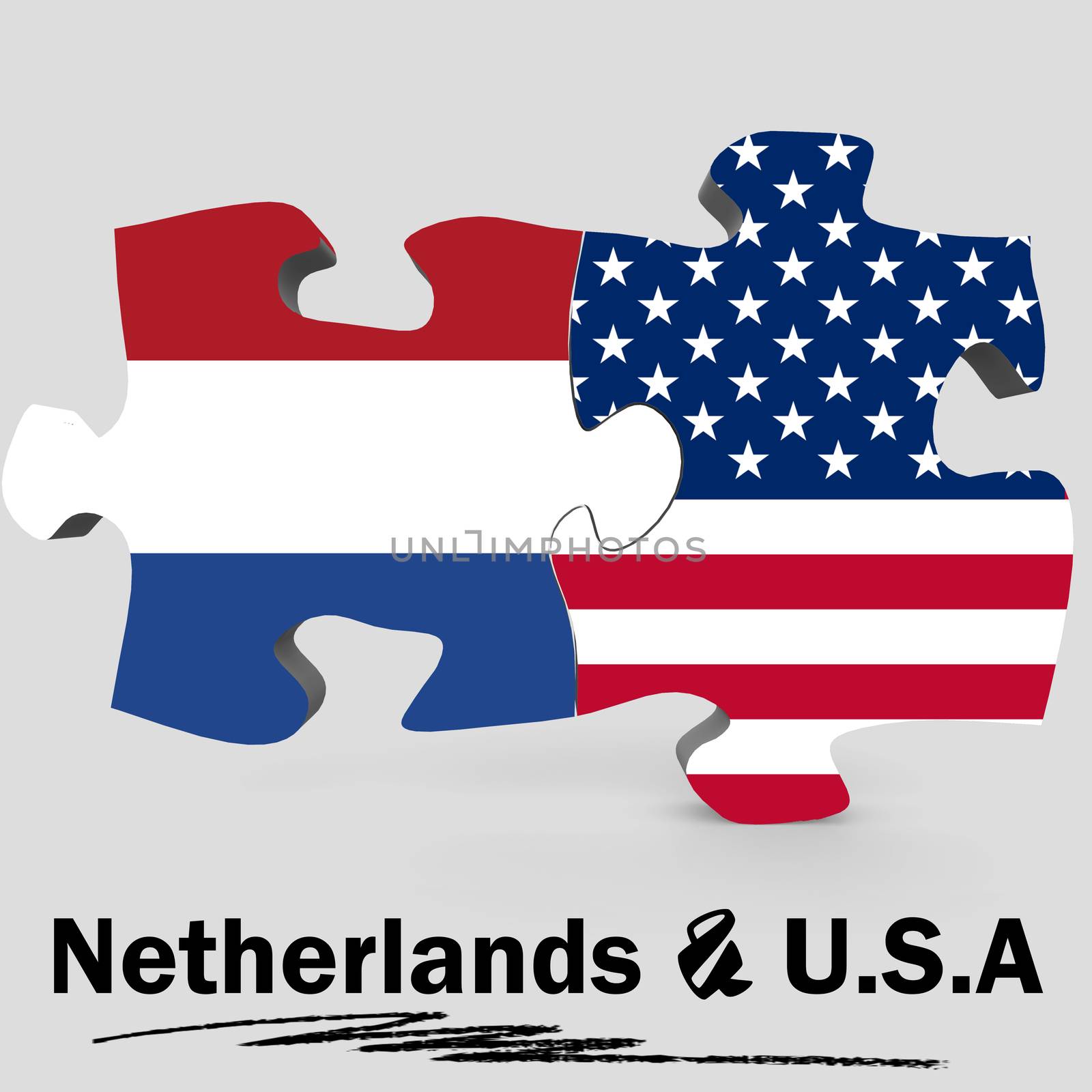 USA and Netherlands Flags in puzzle isolated on white background, 3D rendering