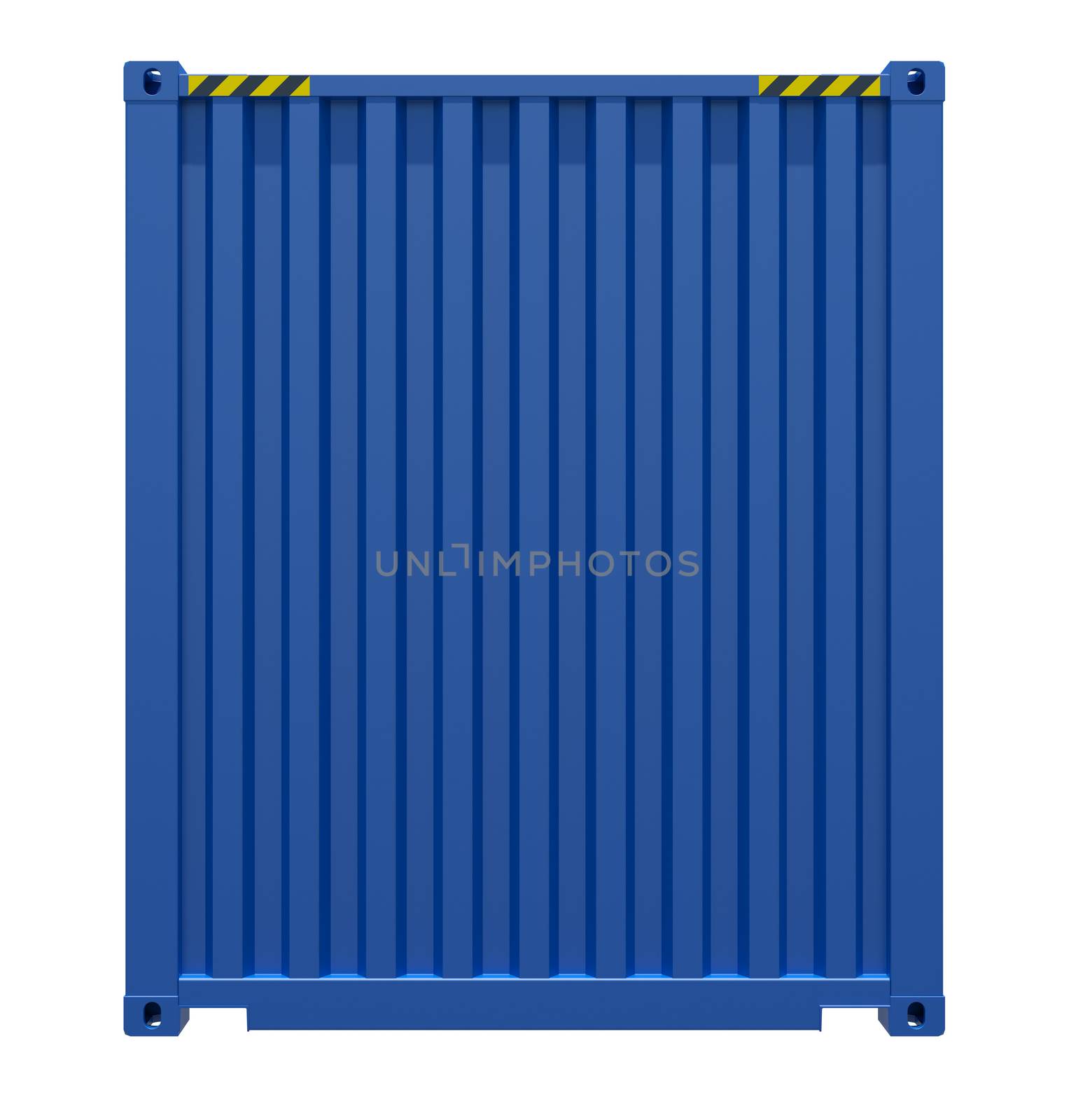 3d rendering of blue shipping container. Rear view. Isolated on white