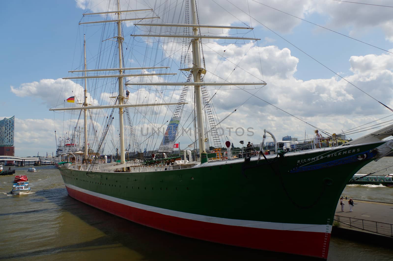 HAMBURG, GERMANY - JULY 18, 2015: harbor with the sailing ship rickmer rickmers. by evolutionnow