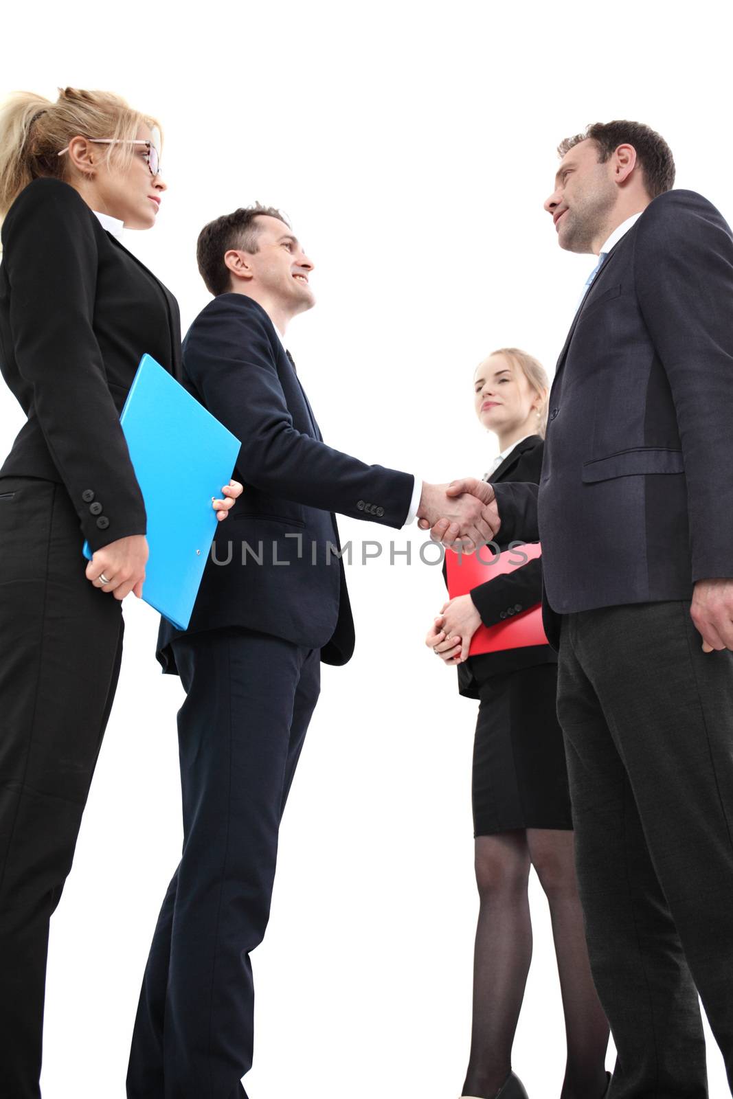 Business people shaking hands, isolated on white background