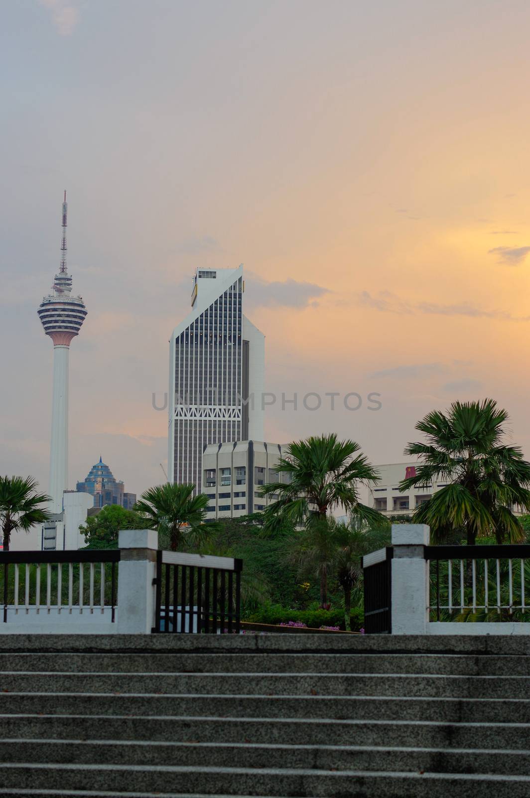 Kuala Lumpur, Malaysia - January 16, 2016: view of the KL commucation Tower between palms and plant by evolutionnow