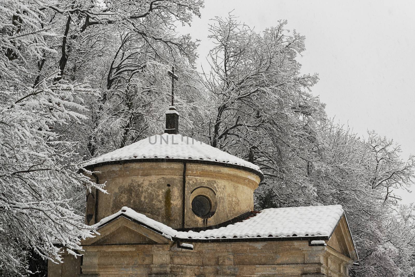 A chapel under the snow with forest background, Sacred Mount of Varese