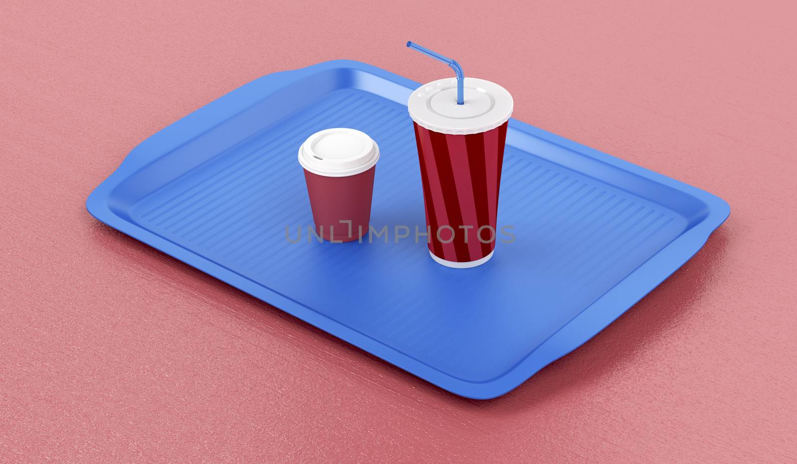 Plastic tray with coffee cup and soft drink on red table 