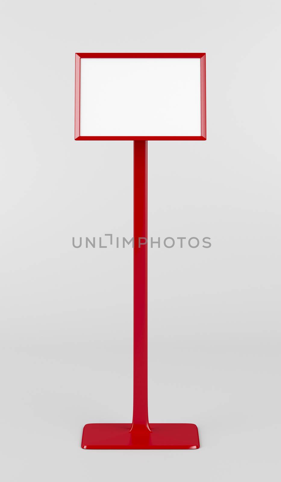 Front view of red info stand on gray background