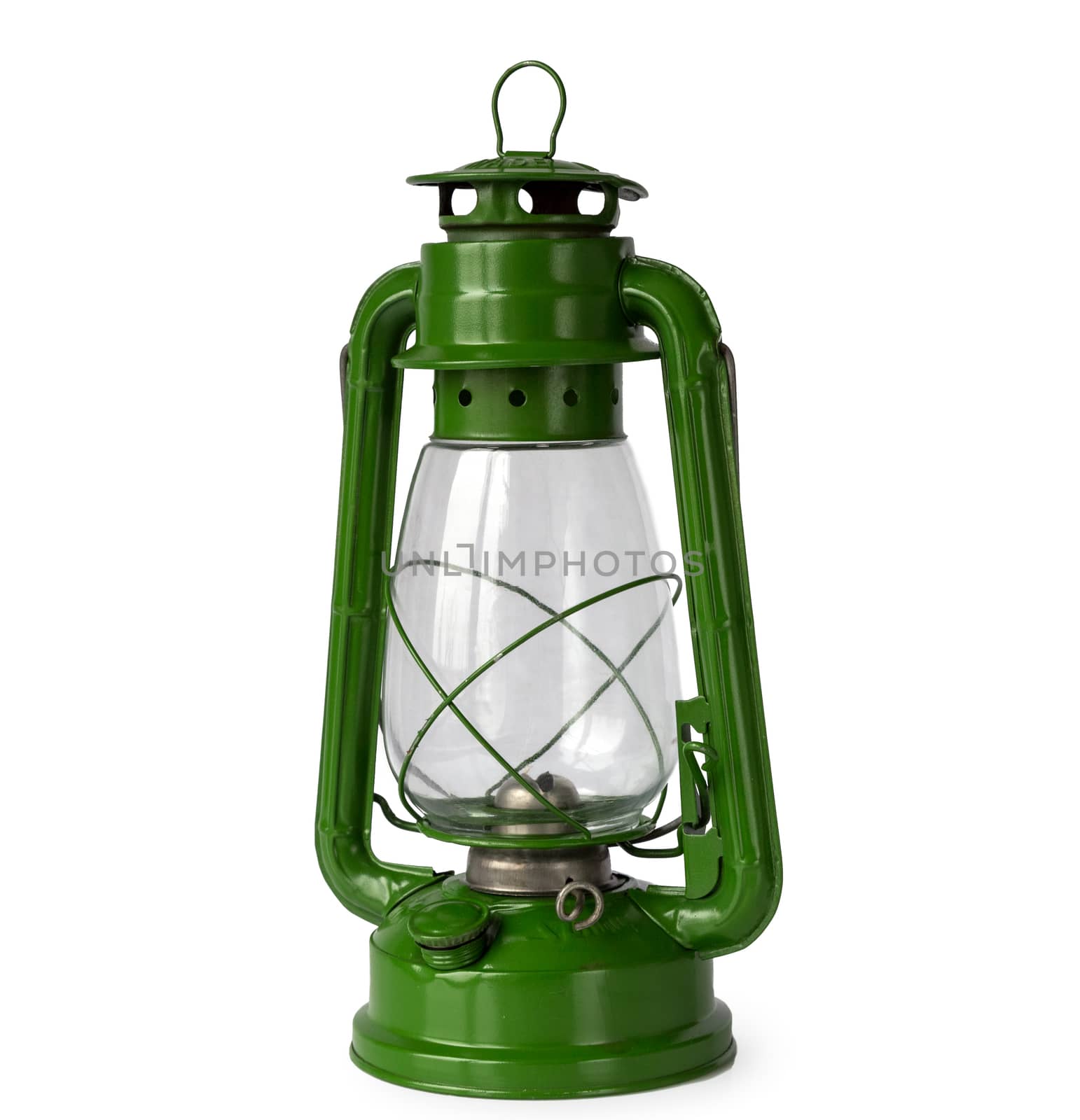 Green vintage kerosene lantern, isolated on white background
