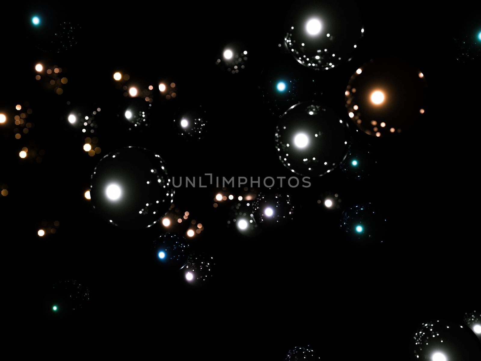 Abstract blurred reflective metallic spheres hanging in the air with bokeh effect on dark background