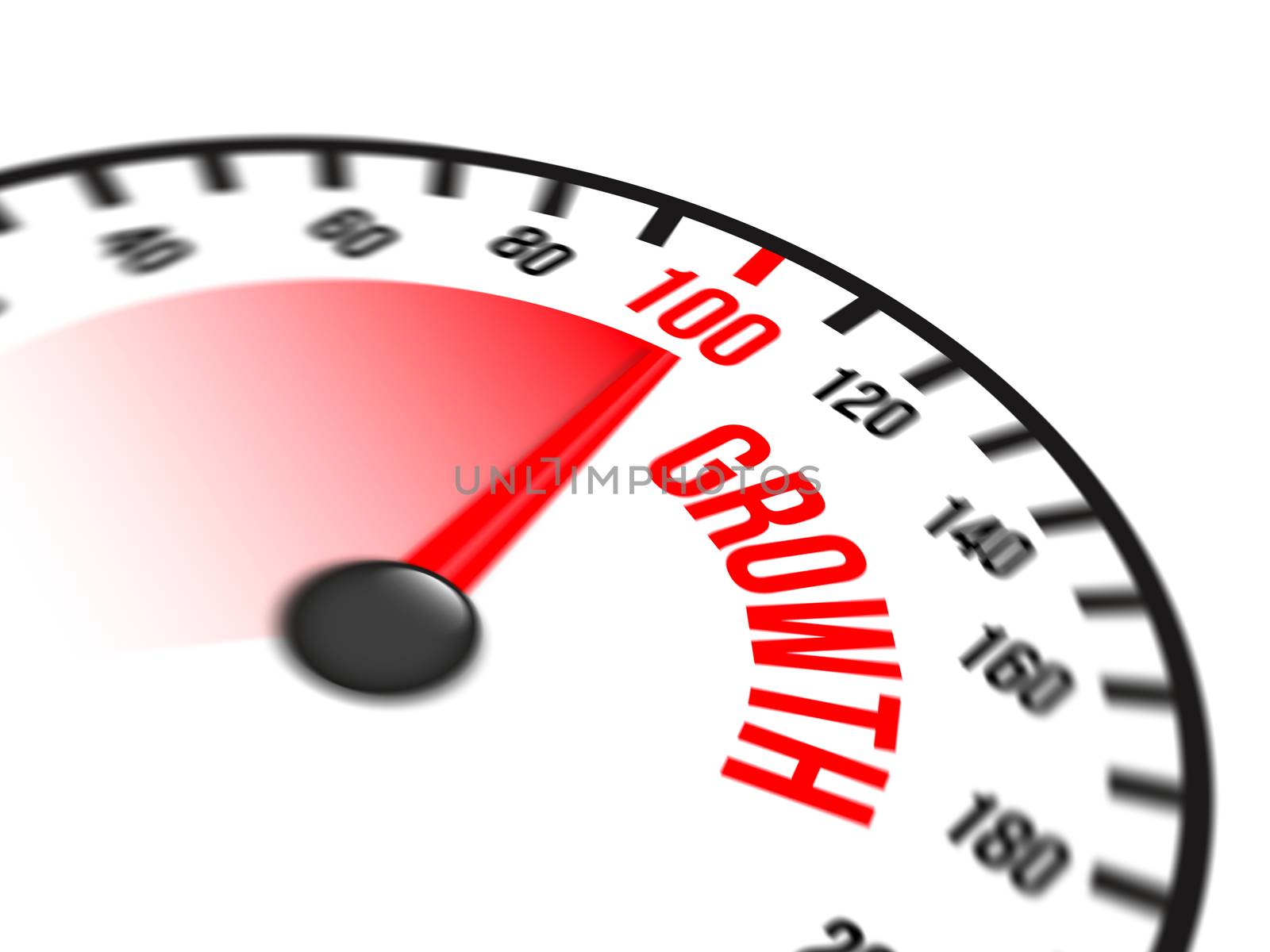 Illustration of speedometer with red arrow pointing to a hundred percent growth on white background