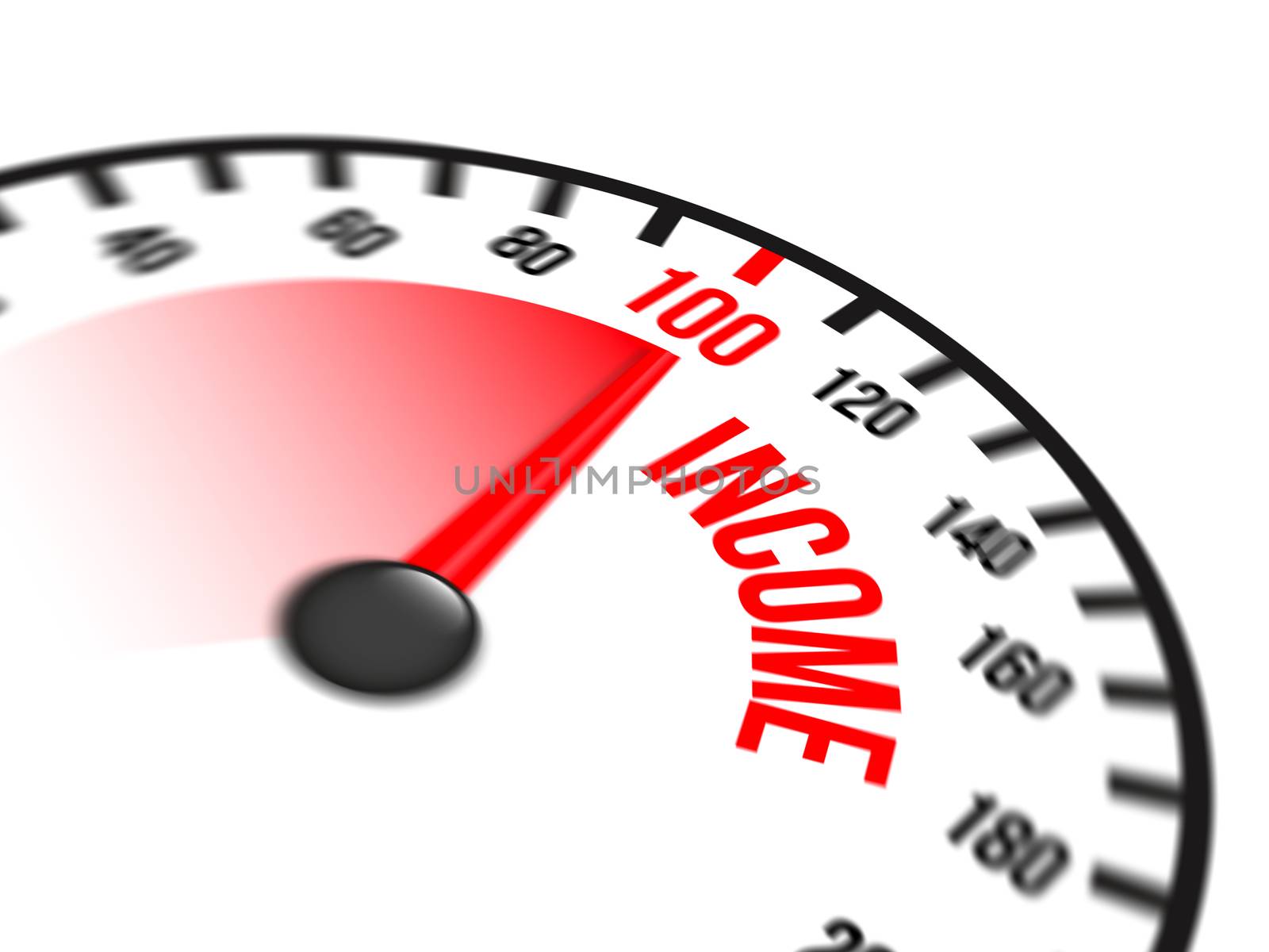 Illustration of speedometer with red arrow pointing to a hundred percent income on white background