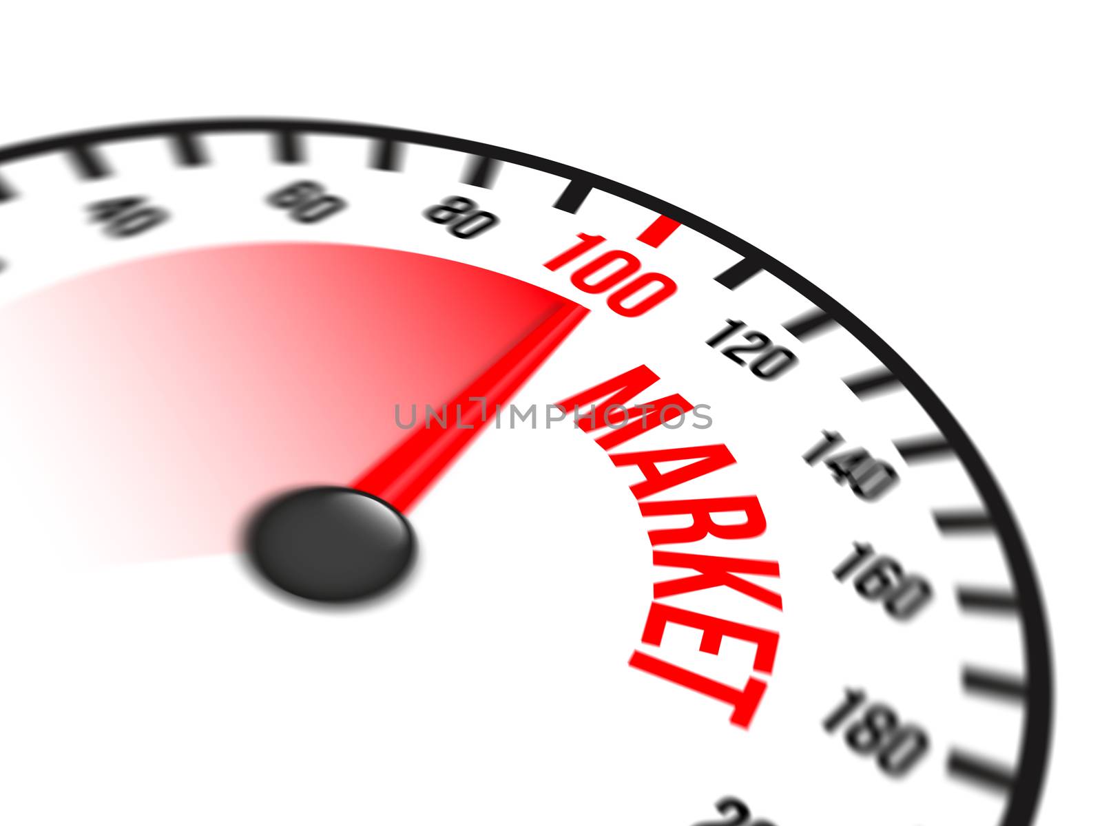 Illustration of speedometer with red arrow pointing to a hundred percent market on white background