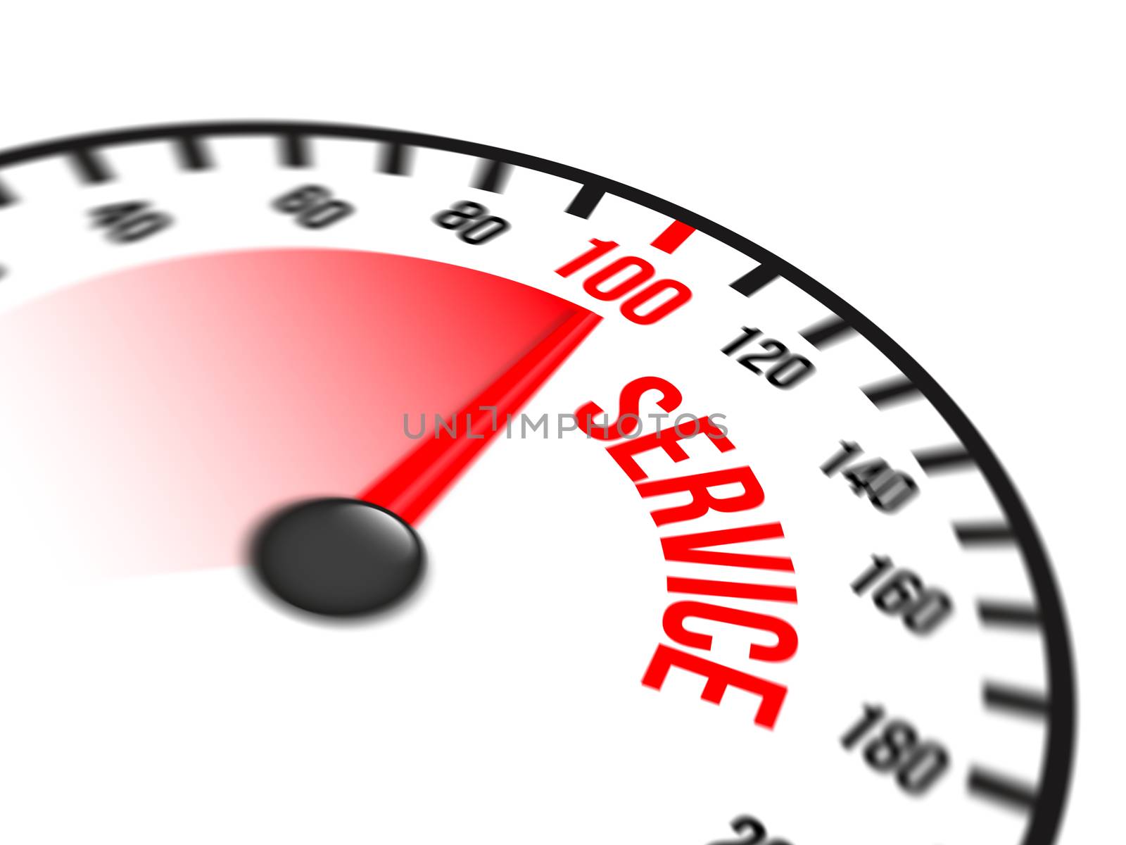 Illustration of speedometer with red arrow pointing to a hundred percent service on white background