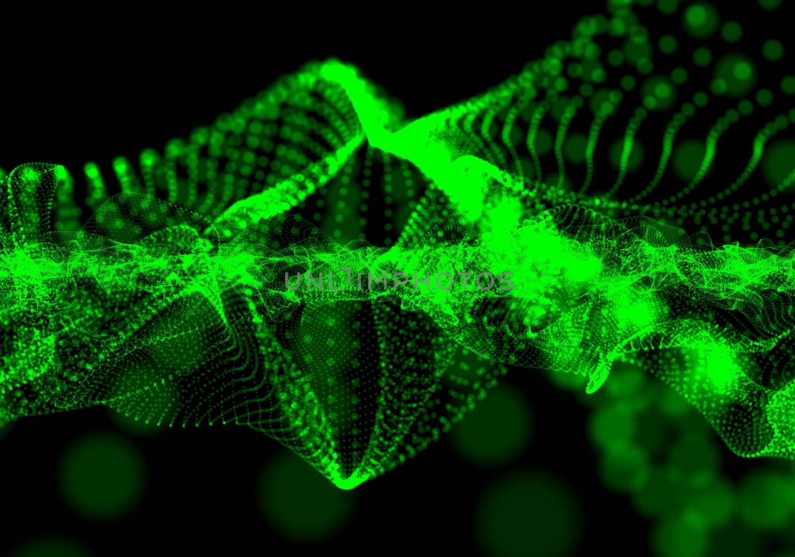 Three-dimensional illuminated abstract digital wave of glowing particles and wireframe. HUD element. Cyberspace field. Conceptual abstract technology background. 3D illustration