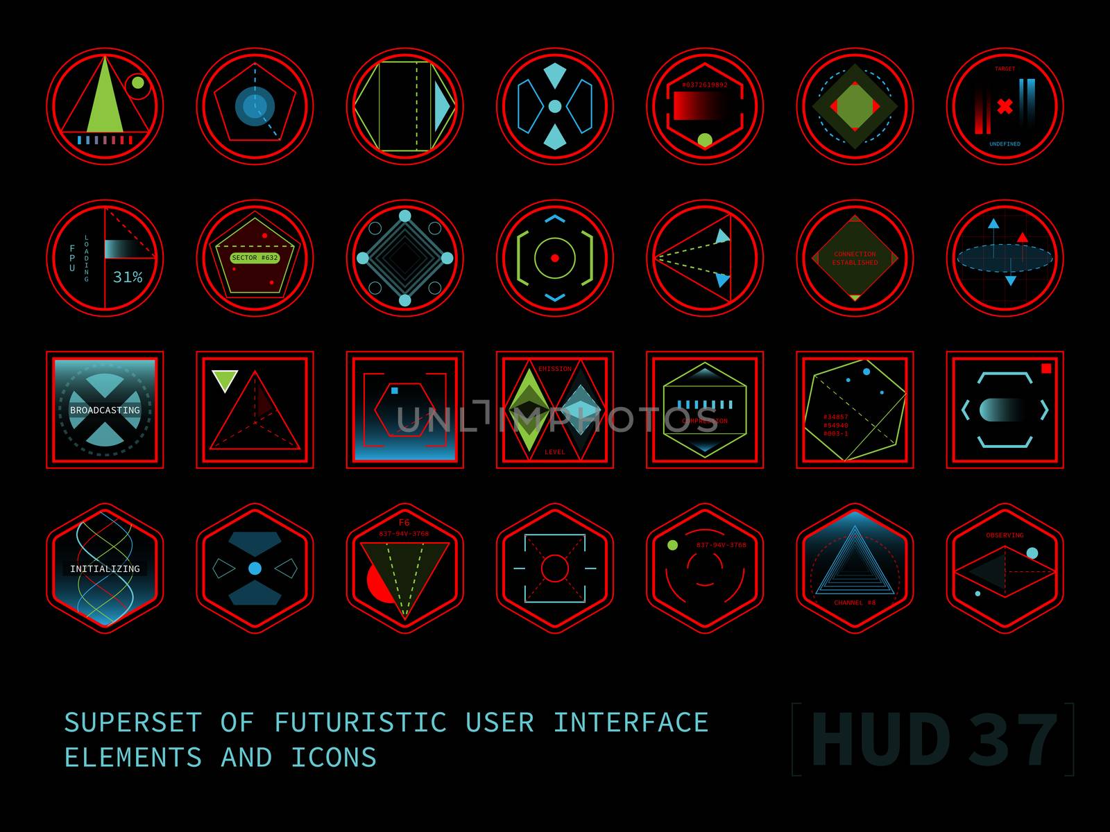 Set of conceptual futuristic display interface elements. Round, square and hexagonal shaped icons. Raster version
