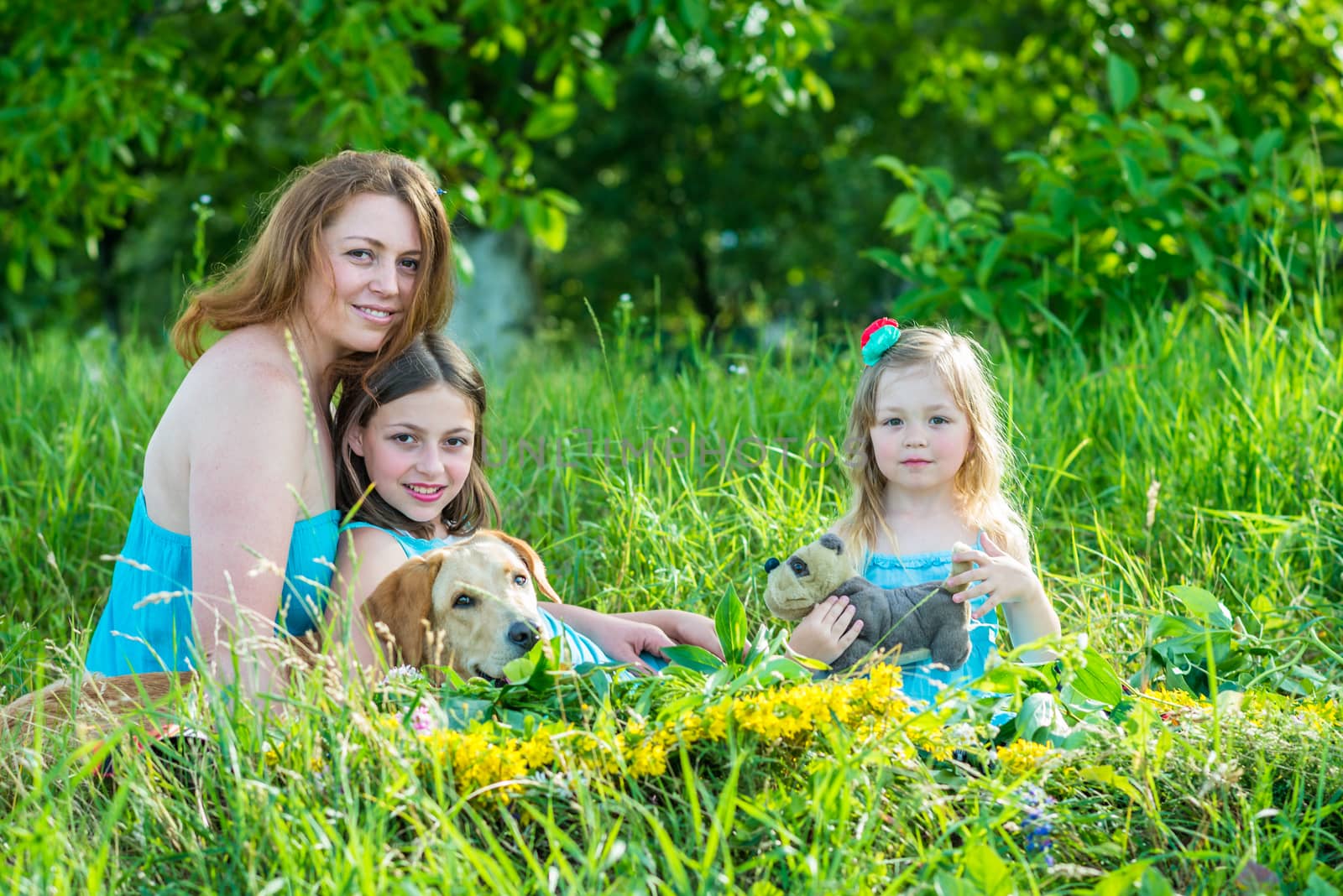 mom with two daughters and dog by okskukuruza