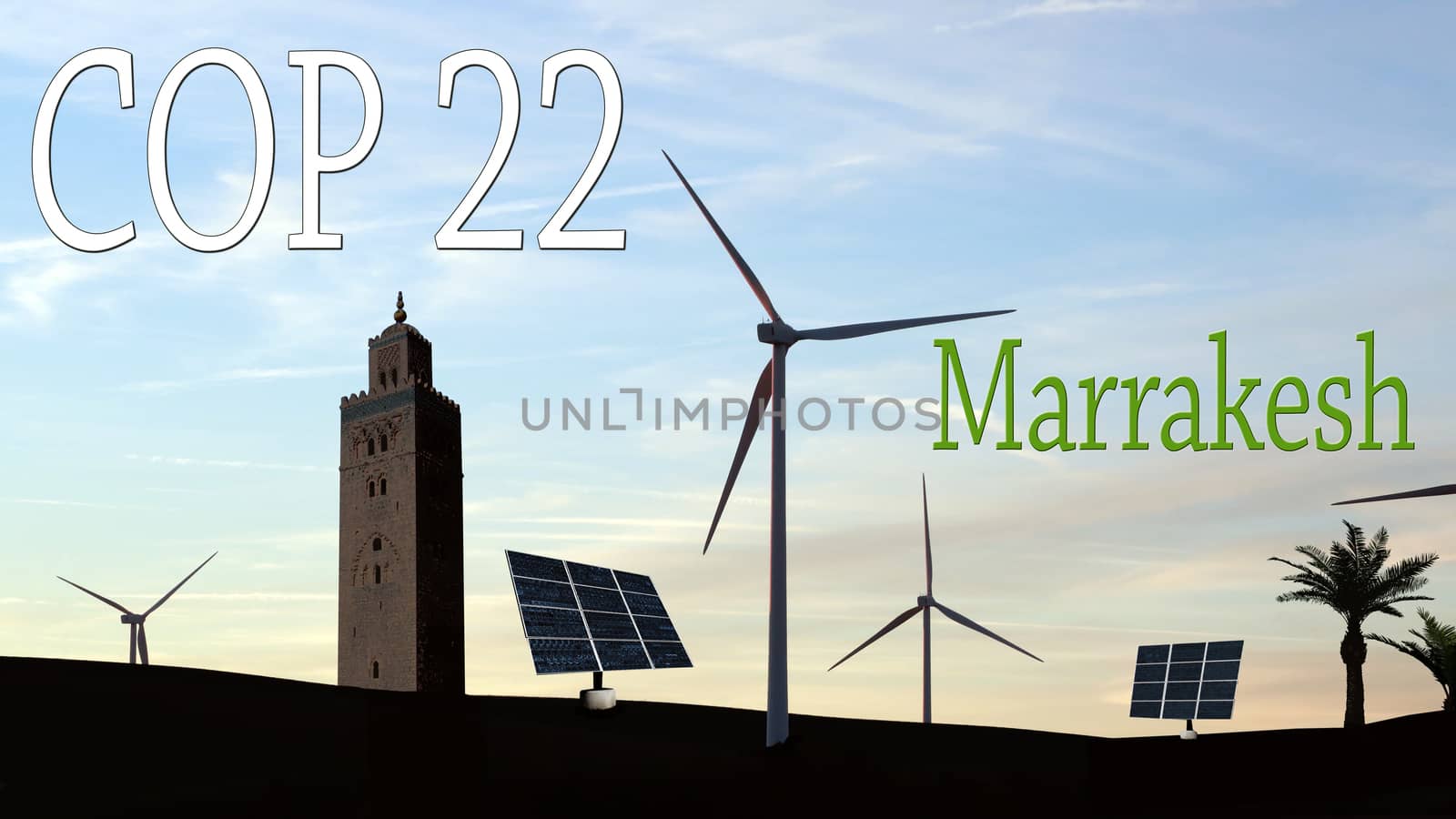 COP 22 in Marrakesh, Morocco - Wind Turbines and Solar Panels in a Moroccan Landscape