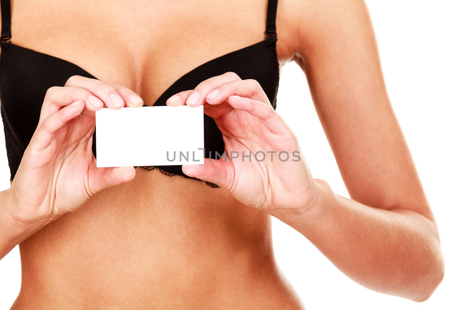 Woman in black bra shows empty card, isolated on white backgroun by Nobilior