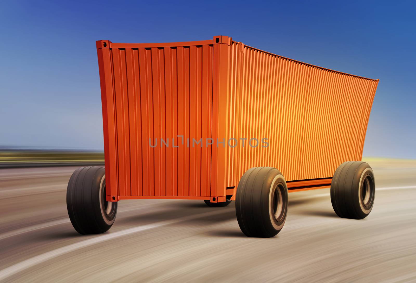cartoon container moving on road, cargo transportation