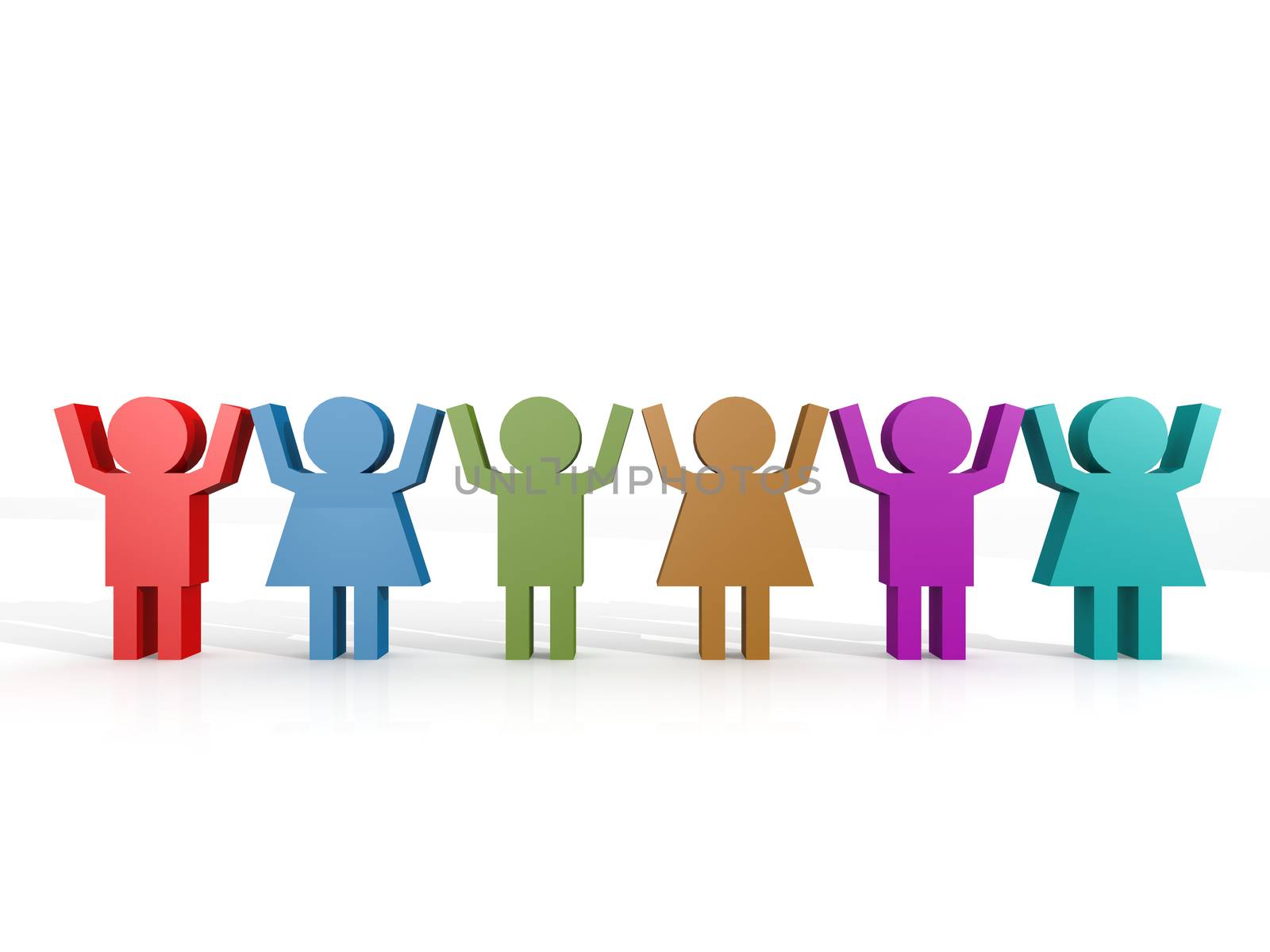 Row of colorful people with white background, 3D rendering