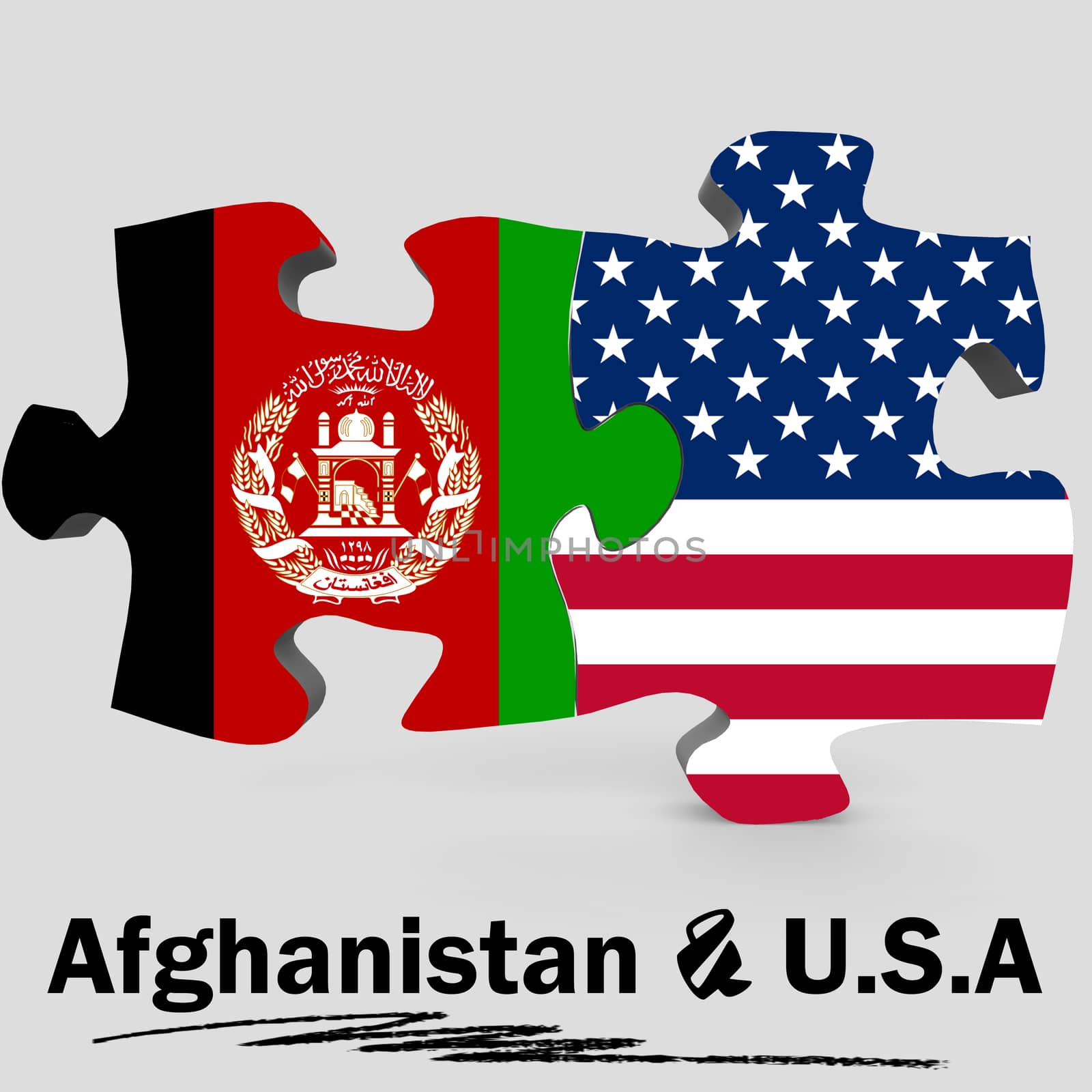 USA and Afghanistan Flags in puzzle isolated on white background, 3D rendering