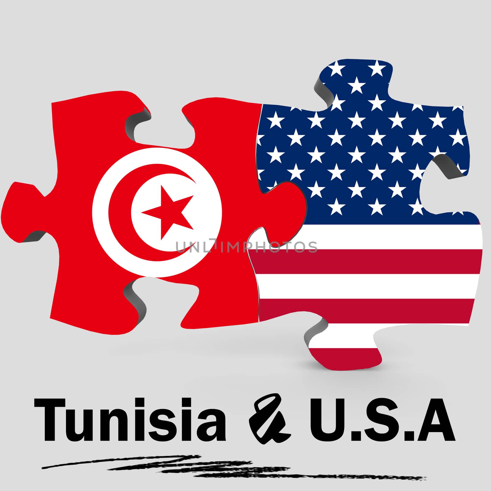 USA and Tunisia Flags in puzzle isolated on white background, 3D rendering