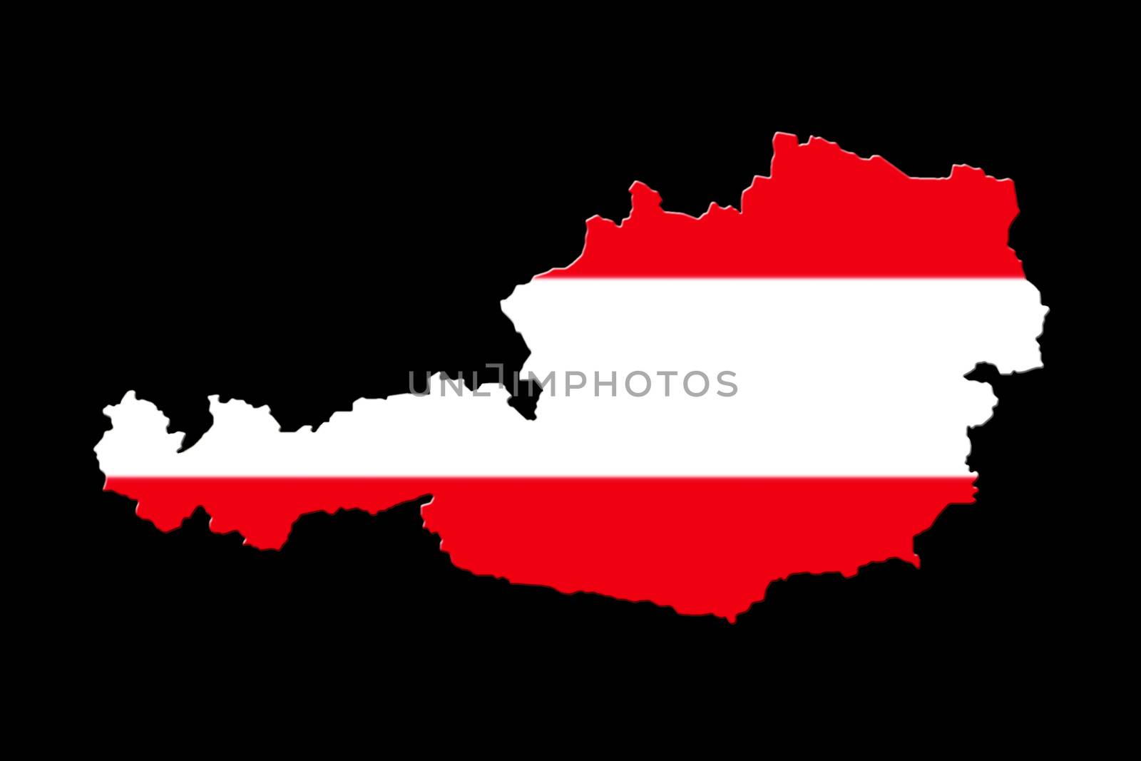 Map of Austria with national flag isolated on black background