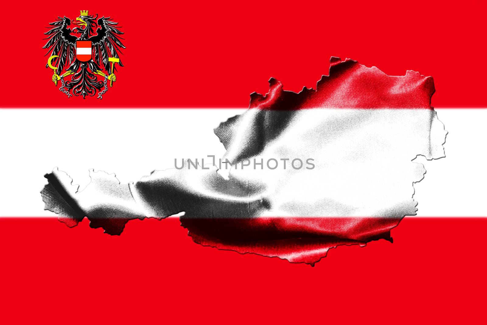 Map of Austria with national flag isolated on Austrian Flag  background With Coat Of Arms Eagle Emblem 