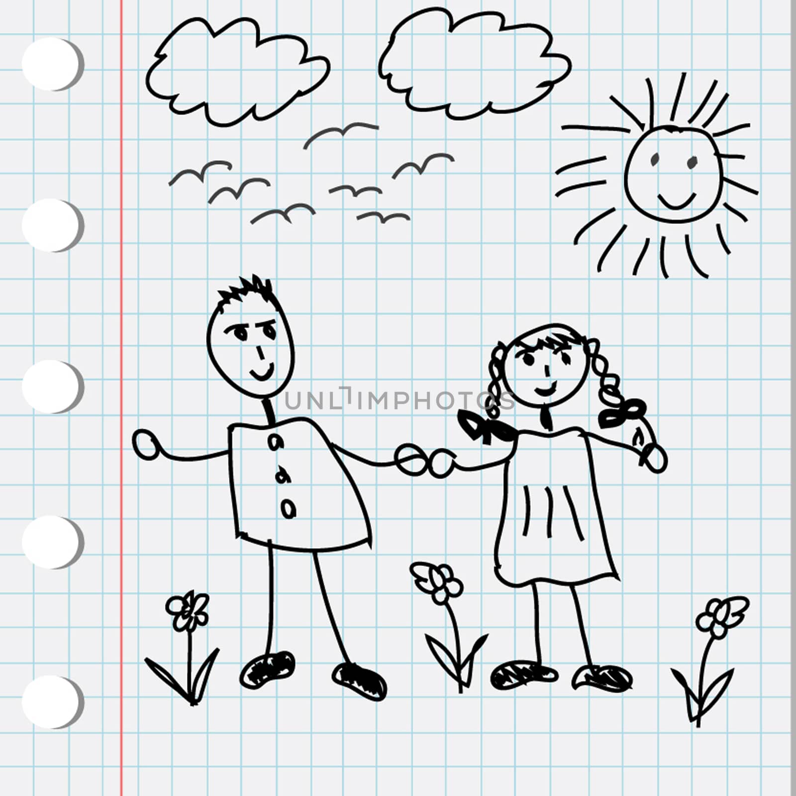 Cartoon doodle illustration of boy and girl on math page