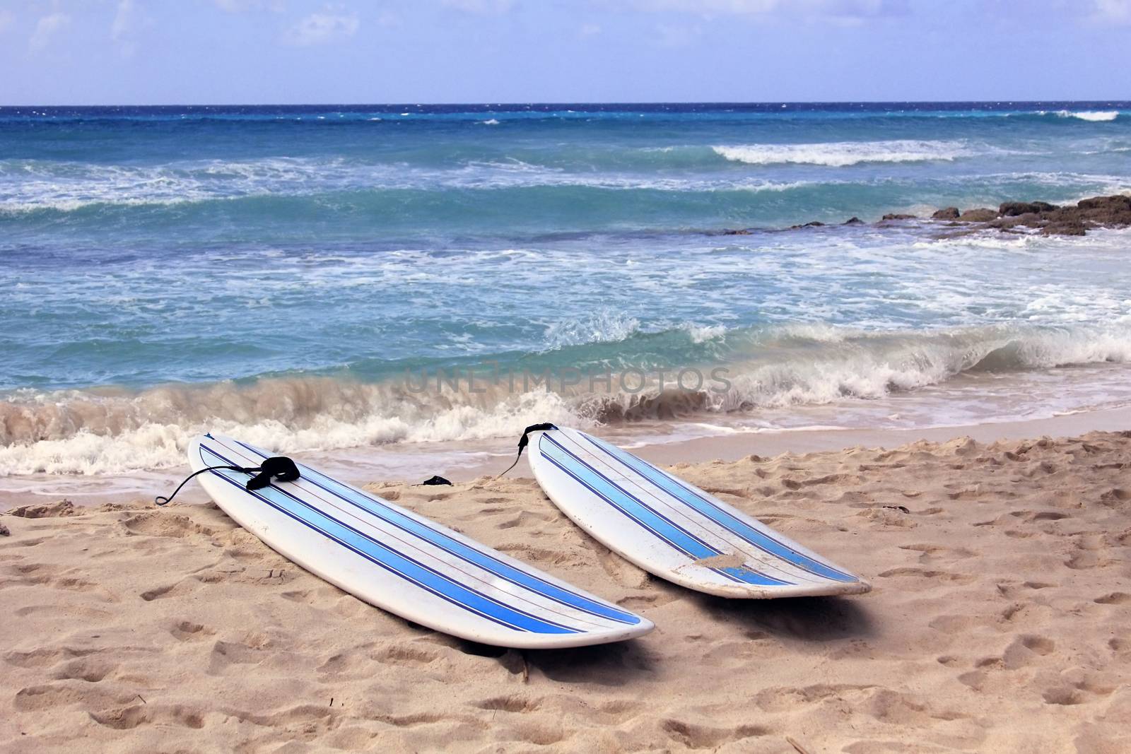 Surfboards at Dover beach on island Barbados on sandy shore by ocean