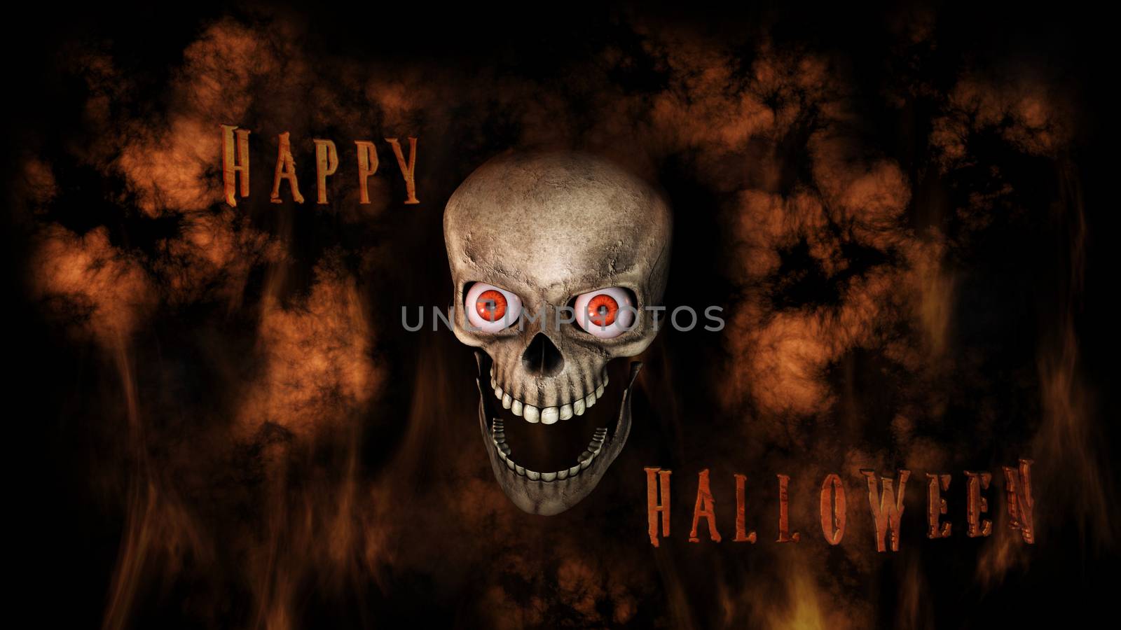 Human Skull With Eyes And Scary, Evil Look Halloween Concept 3D Rendering 