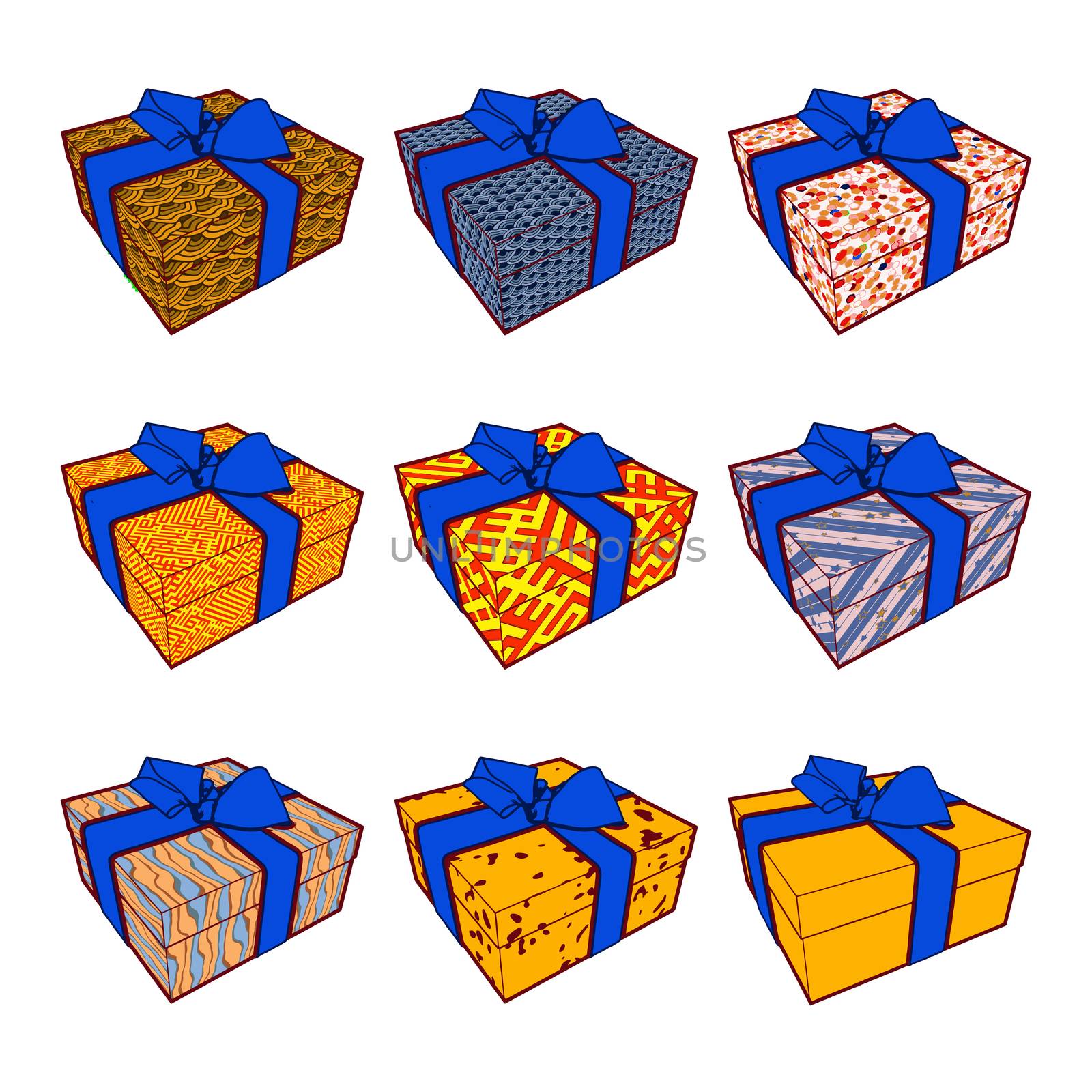 Set of colorful gift boxes with bows and ribbons. illustration collection.