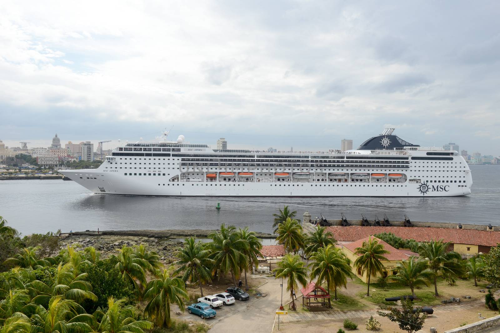 Havana, Cuba - 26 January 2016: Cruiser ship entering the bay of Havana on Cuba